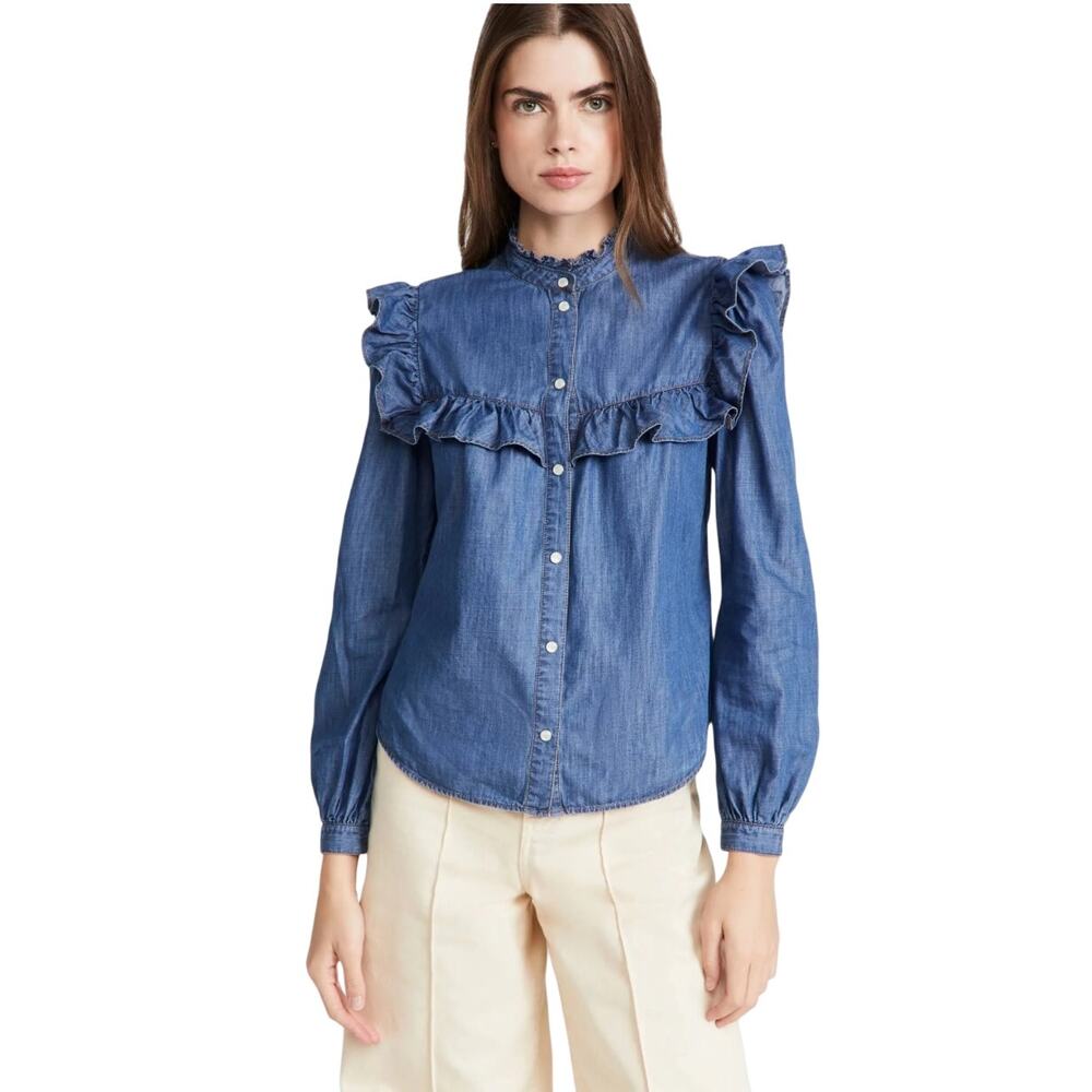 Veronica Beard Tes Chambray Button Down Top Denim Jean Blue Ruffle Western 4